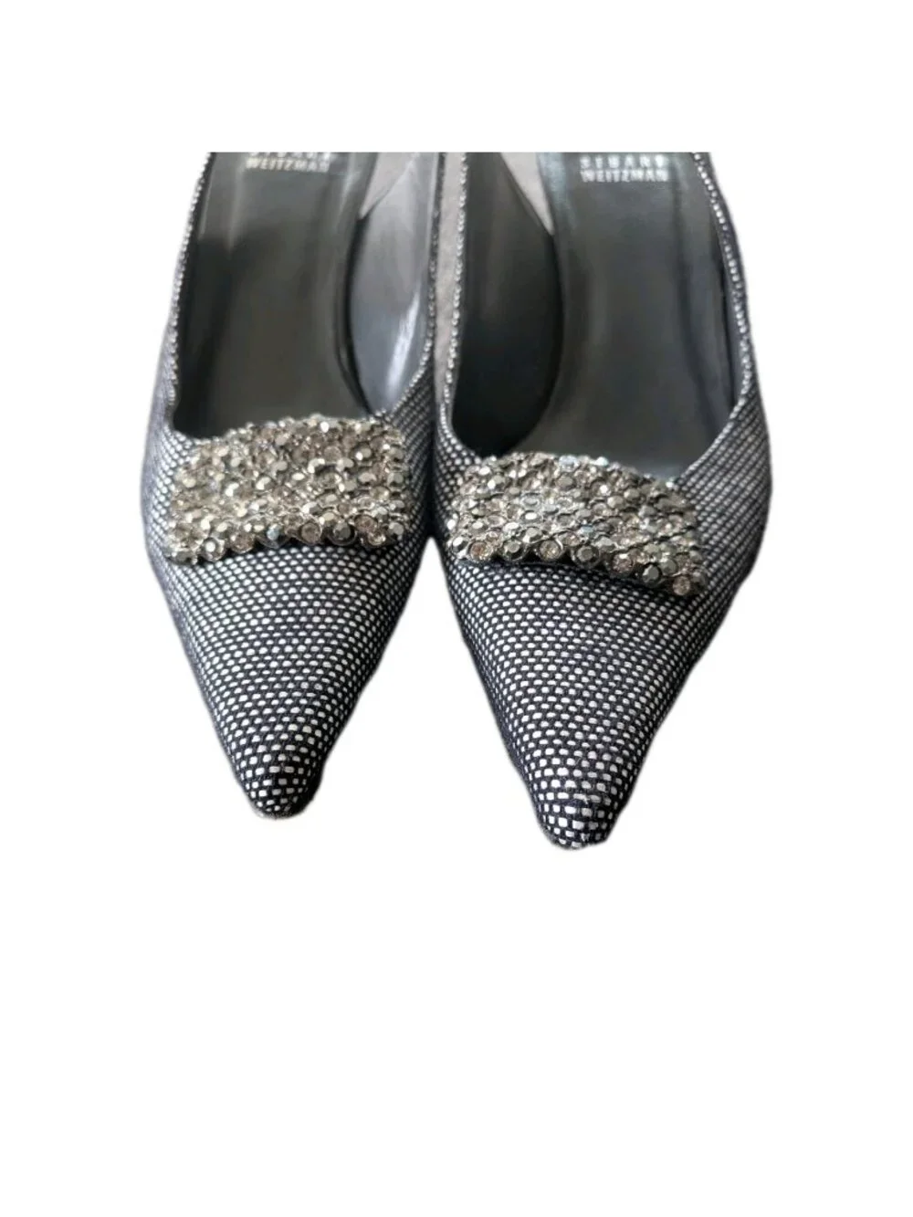 Stuart Weitzman Woven Slingback Heels Womens 7 Crystal Buckle Navy Quiet Luxury